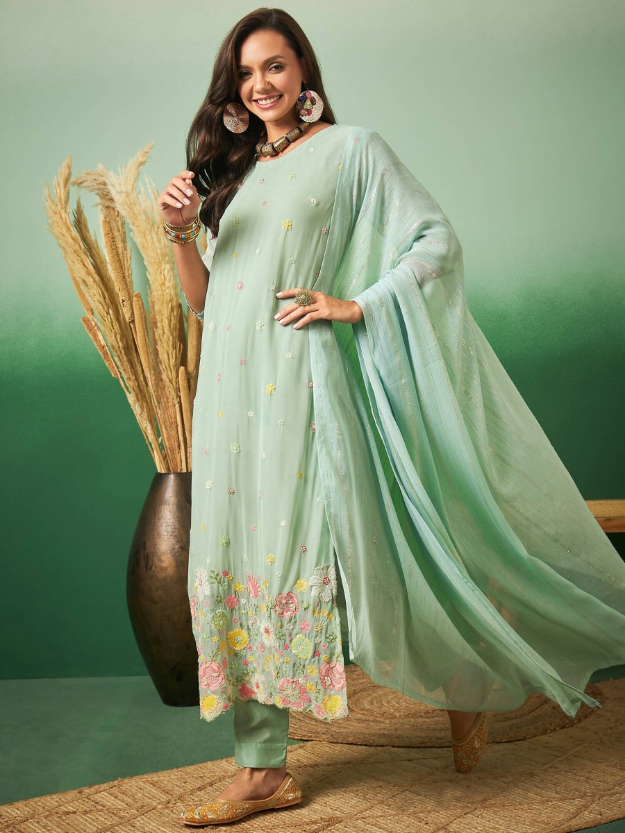 Aqua Blue Georgette Handwork Unstitched Dress Material - Hanika