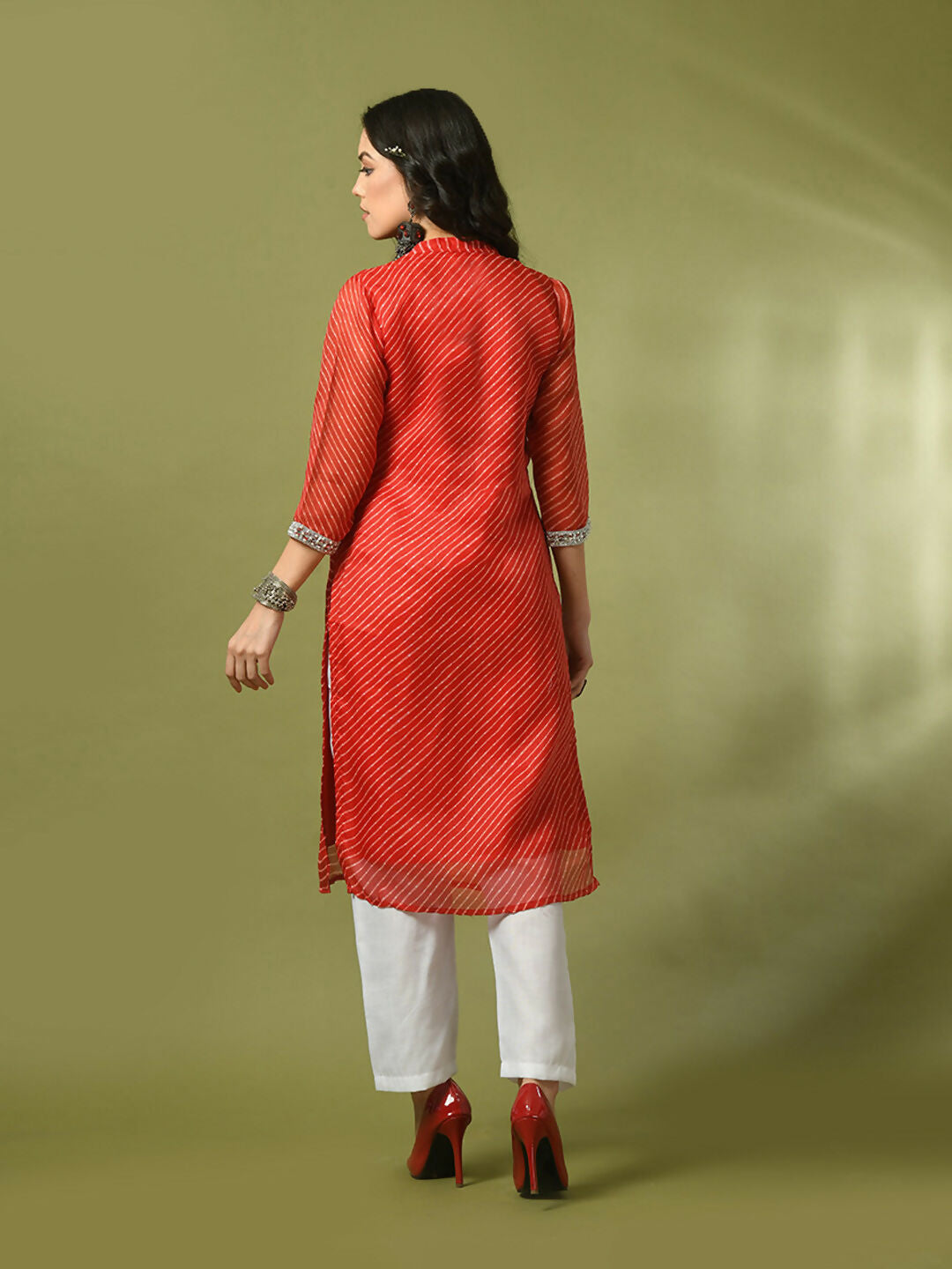 Myshka Women's Red Printed Kota Straight Party Kurta Set With Dupatta