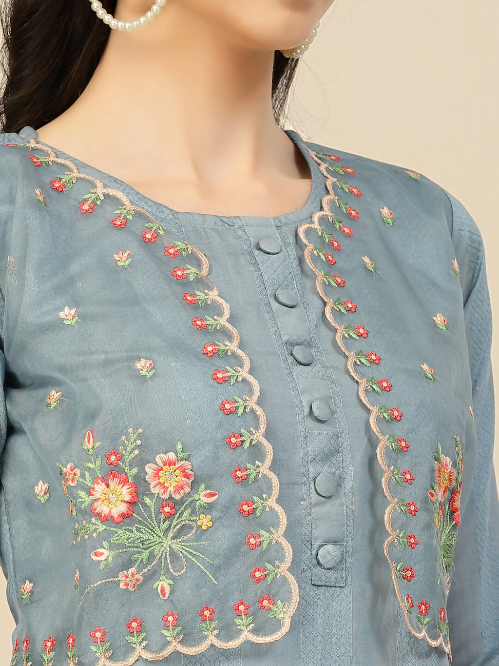 Sky Blue Embroidered Chinon Straight Kurta With Trouser & Dupatta - Salimar