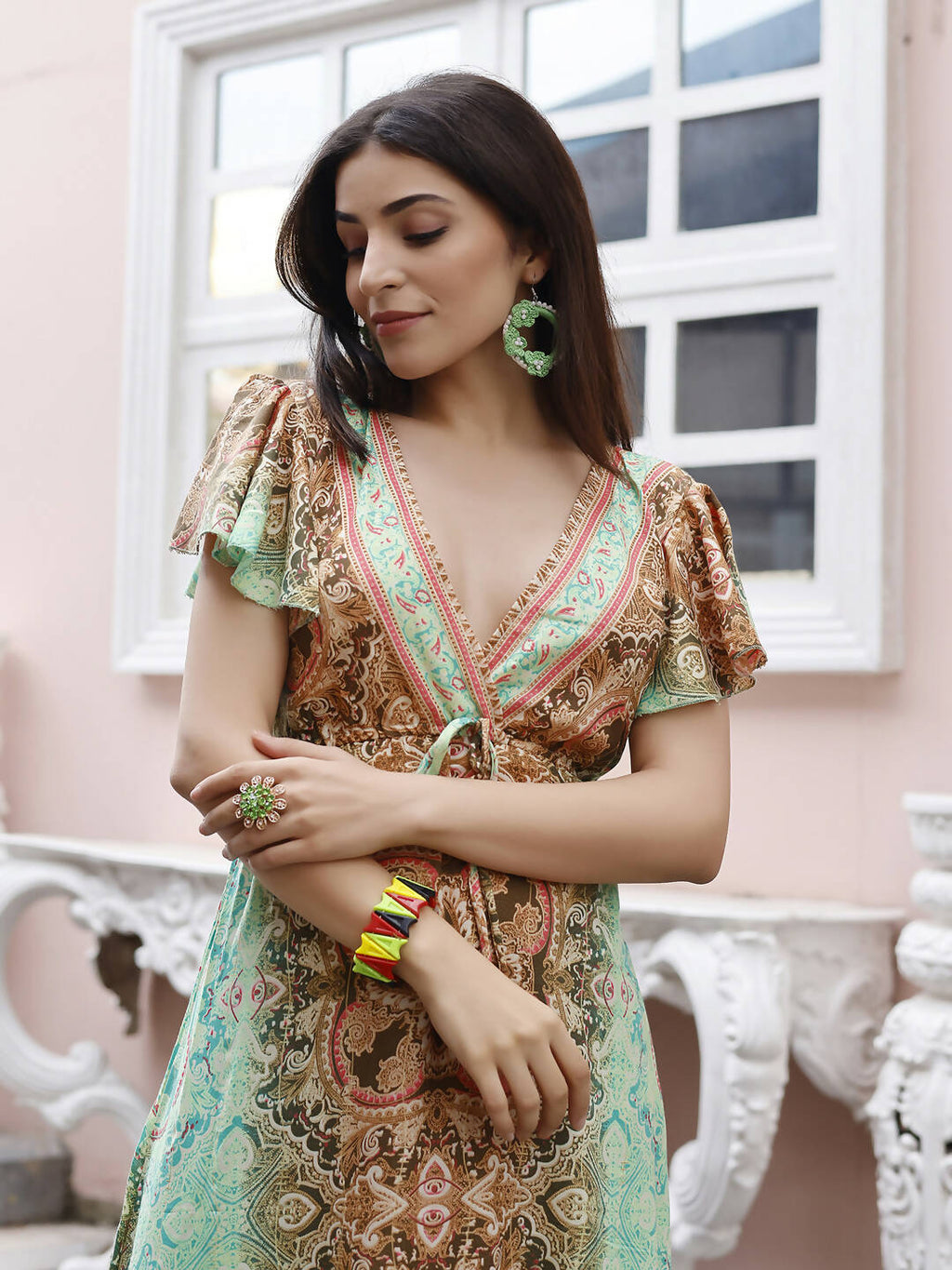 Sea Green Rayon Foil Printed Long Dress - Michan