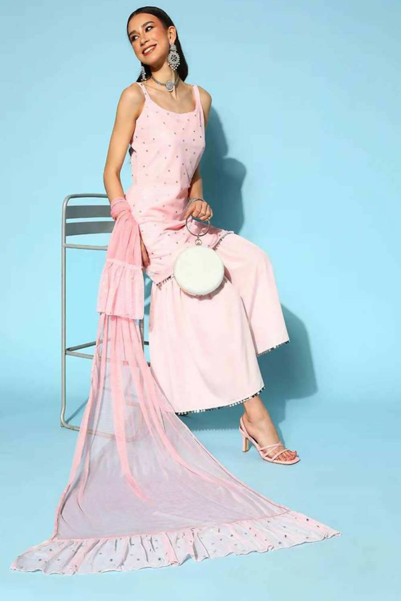 Ahalyaa Women Pink Colour Crepe Silver Foil Printed Kurta Sharara Set