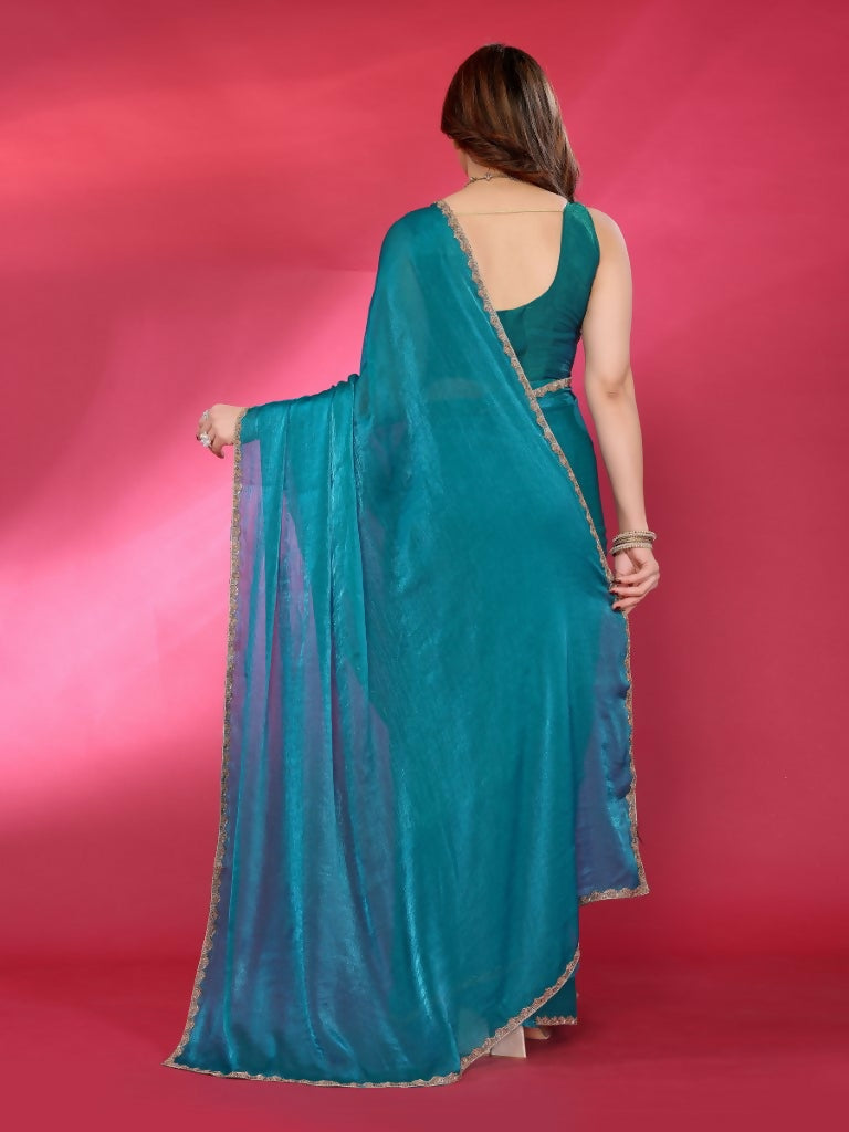 PR Fashion Firozi Jimmy Choo Fabric Palin With Work Lace Saree