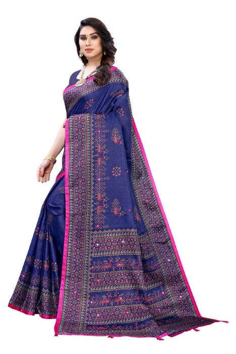 Vamika Navy Mirror Work With Jhalar Khadi Silk Saree (AASHI NAVY)