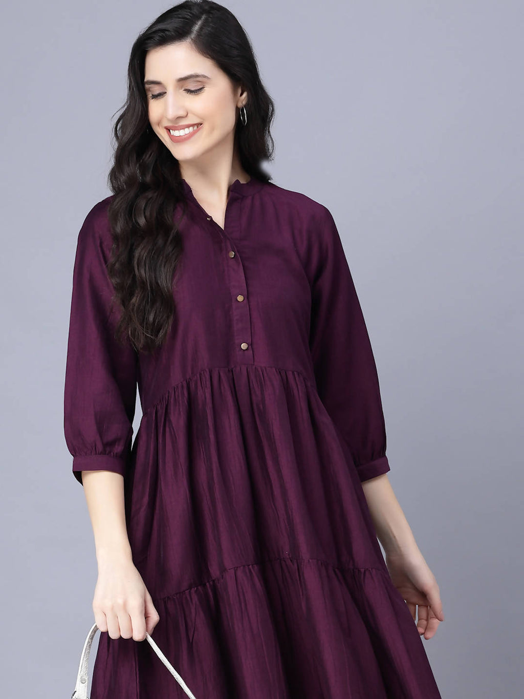 Myshka Silk Solid 3/4 Sleeve V Neck Purple Women Dress