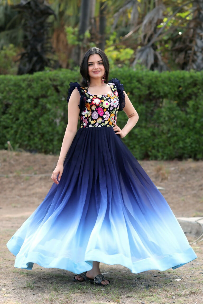 Jyoti Fashion Women's Blue Sequins Embroidery Faux Blooming Anarkali Dress
