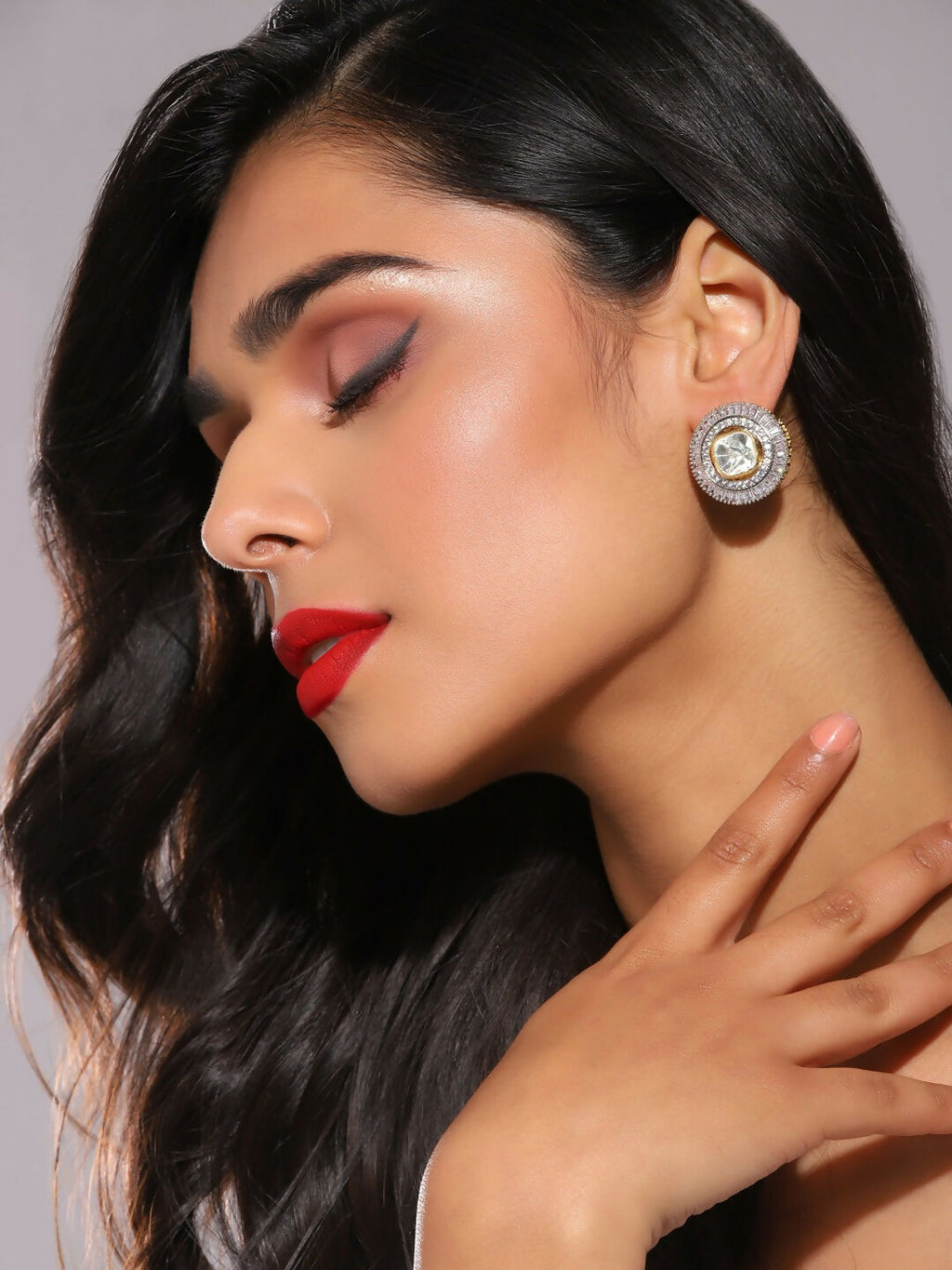 Diamond & Semi Precious Stone Round Oversized Studs- Ruby Raang
