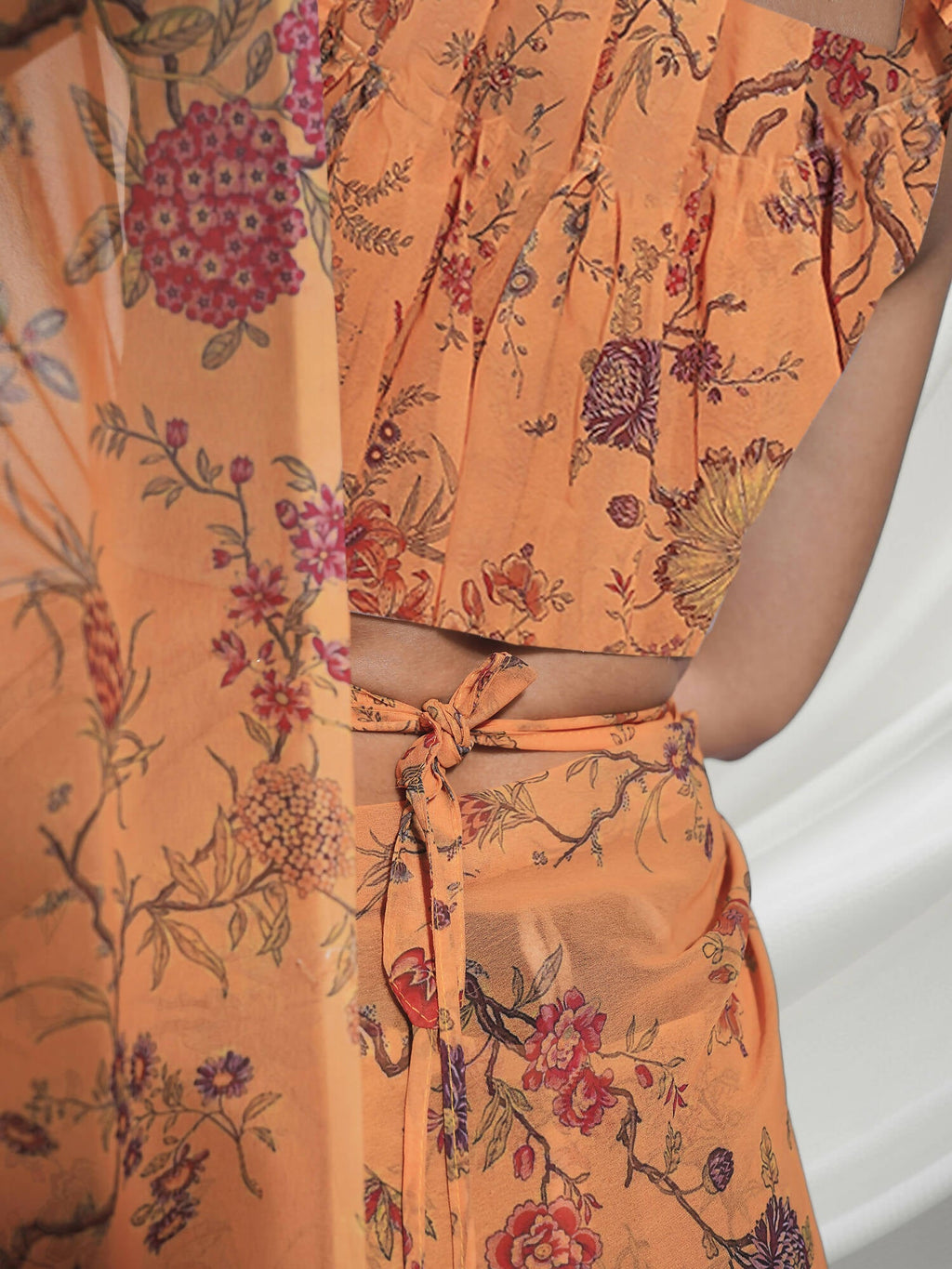 Orange Georgette Floral Printed Saree With Unstitched Blouse Piece - Rajal