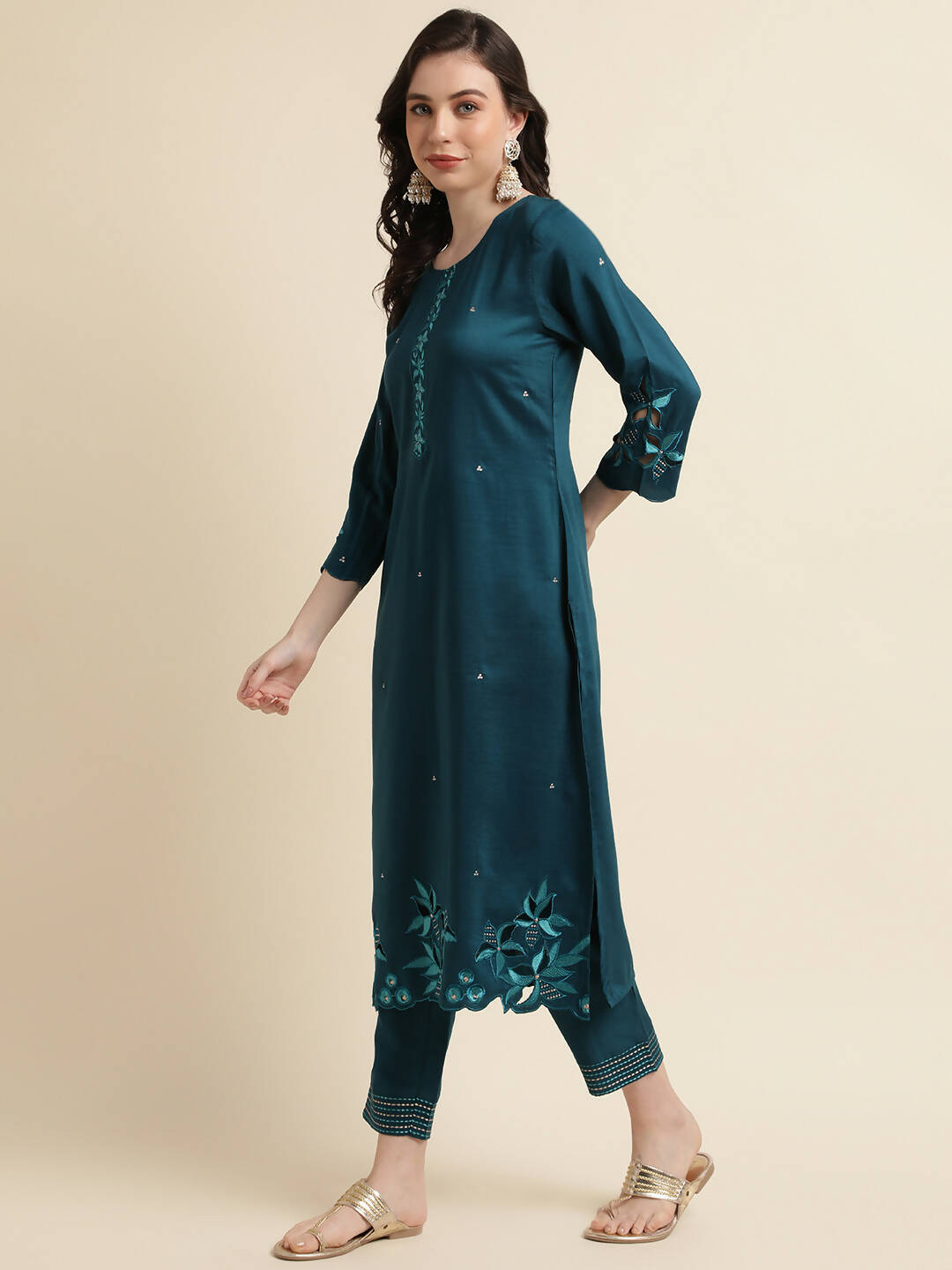 Teal Chinon Silk Embroidered Straight Kurta with Trouser & Dupatta - Salimar