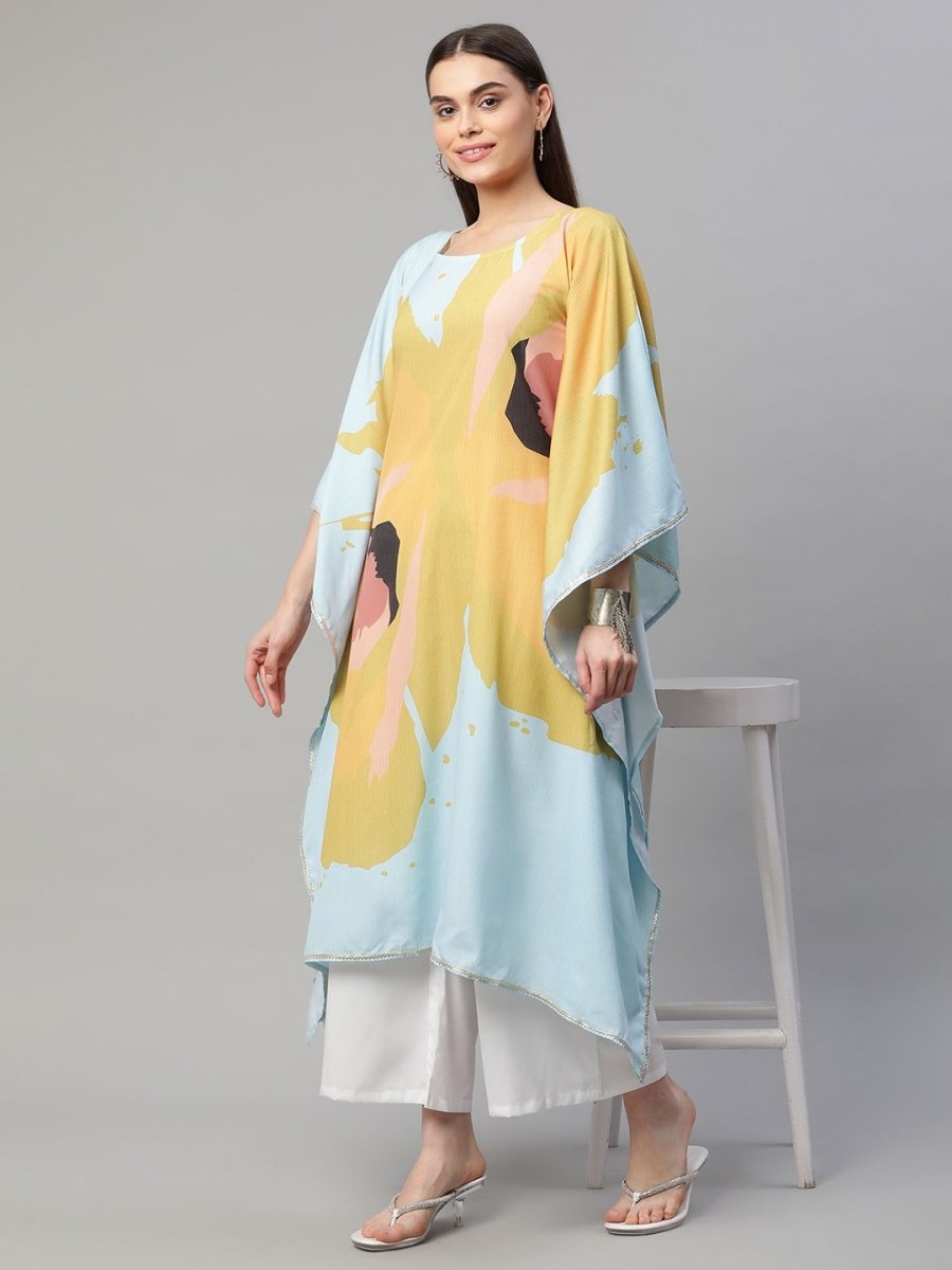 Ahalyaa Women Yellow Crepe Digital Printed Kaftan Kurta with Palazzos