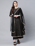 Ahalyaa Women Black Poly Silk Gold Printed Anarkali Kurta Palazzo Set With Dupatta