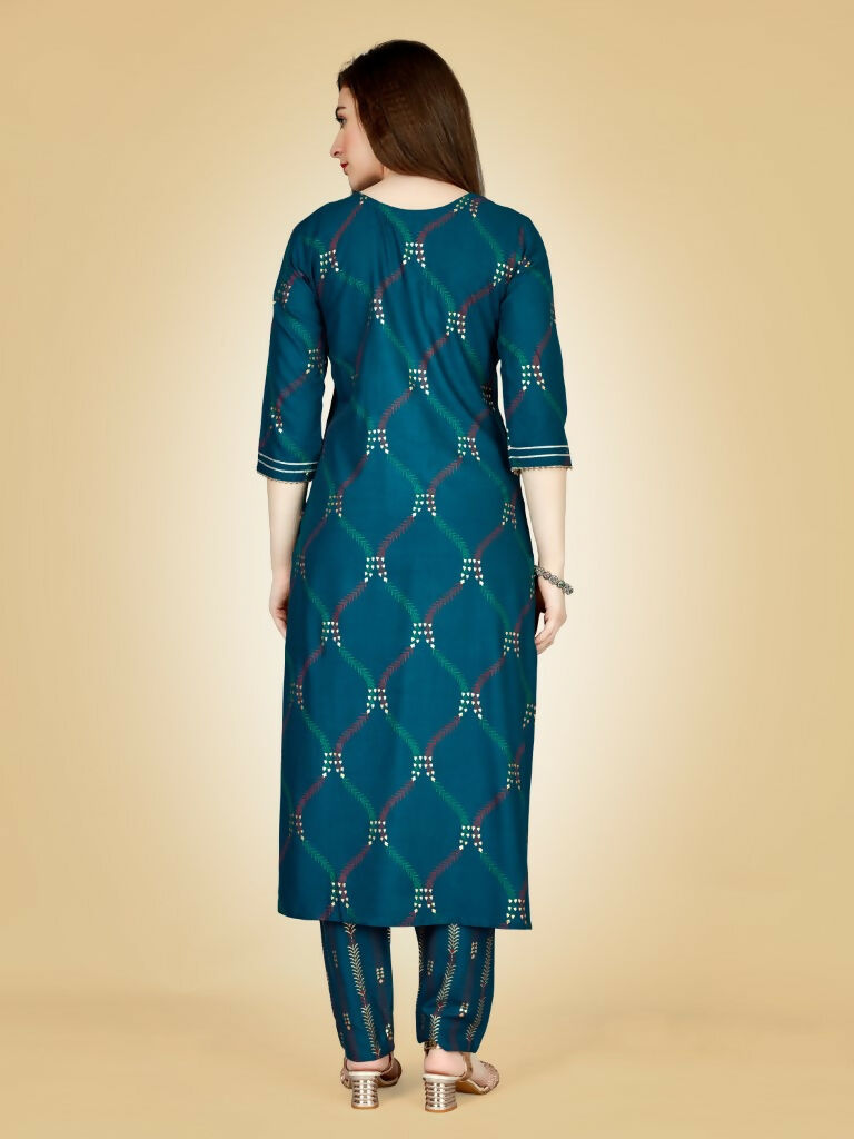 Jyoti Fashion Women's Teal Viscose Rayon Embroidered Kurta Pant Set