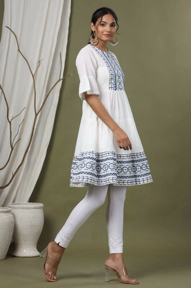 Juniper White Cotton Dobby Festive Embroidered Tiered Dress For Women
