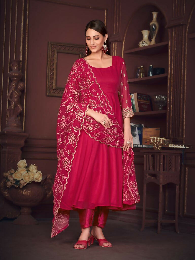 Jyoti Fashion Women's Rani Pink Georgette Embroidered Anarkali Kurta Pant Set With Dupatta