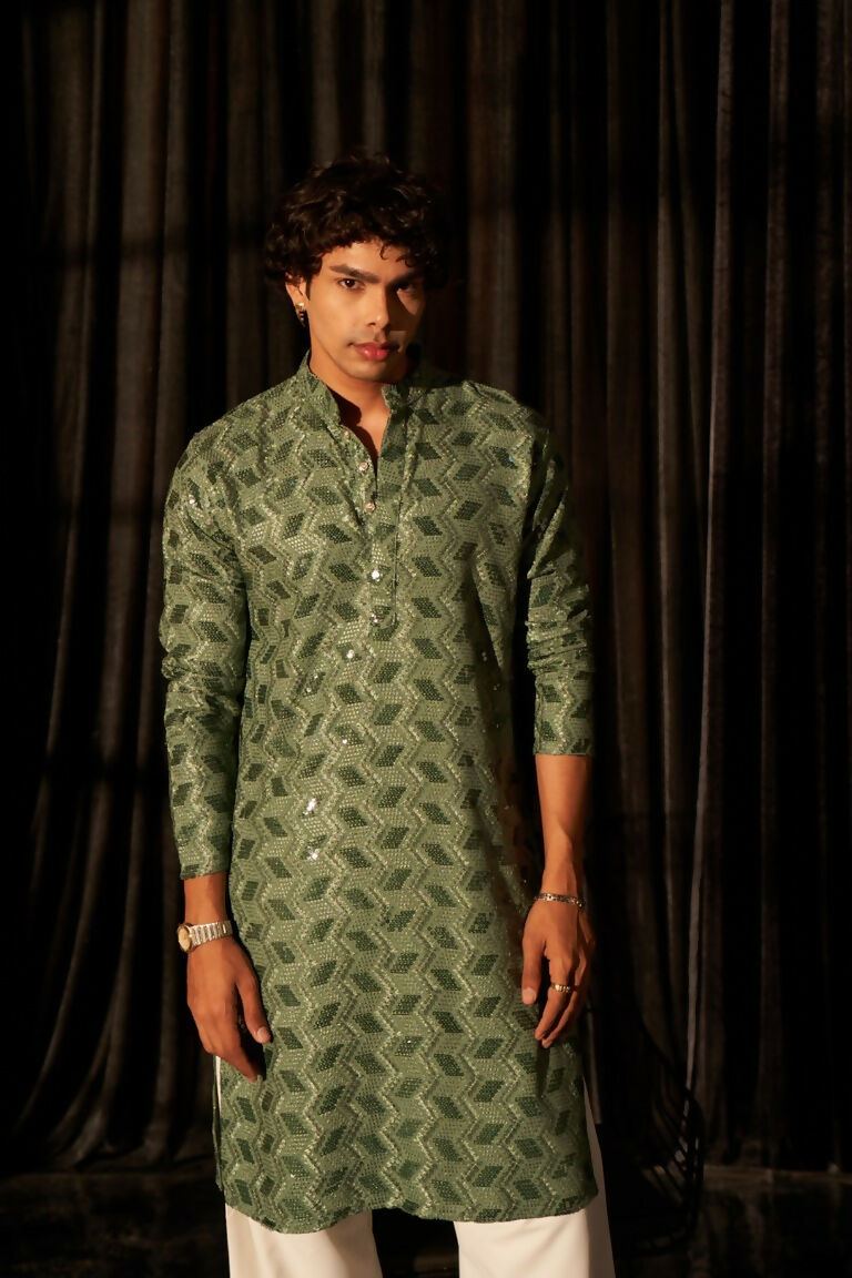 Green viscose Chikankari Embroidery Work Men's Traditional Kurta Set - Mahotsav