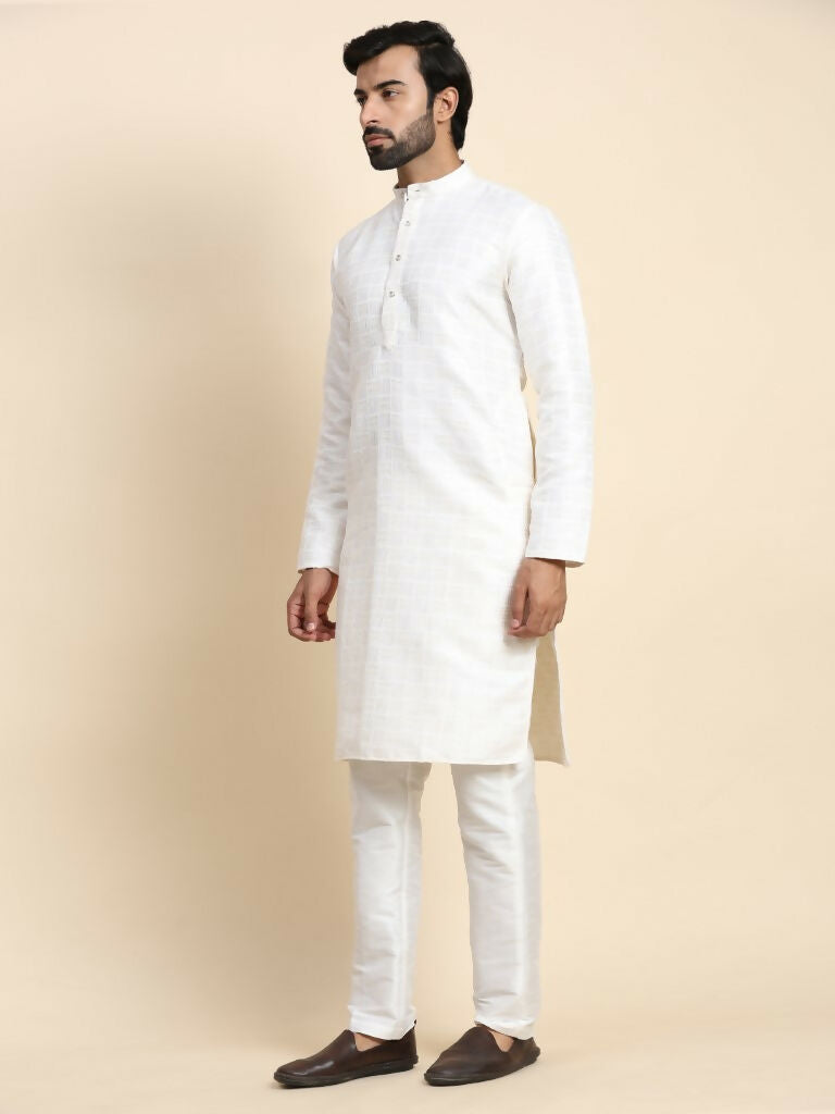 White Viscose Jacquard Woven Jacquard Designer Men's Rajwadi Kurta Set - Mahotsav