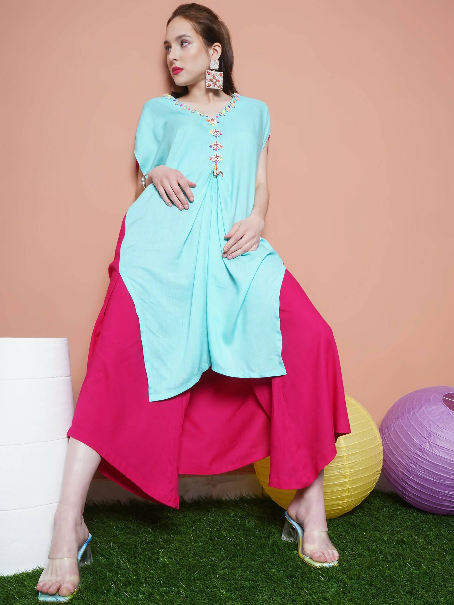 Women Republic Blue And Pink Assyemtrical Kurta Set