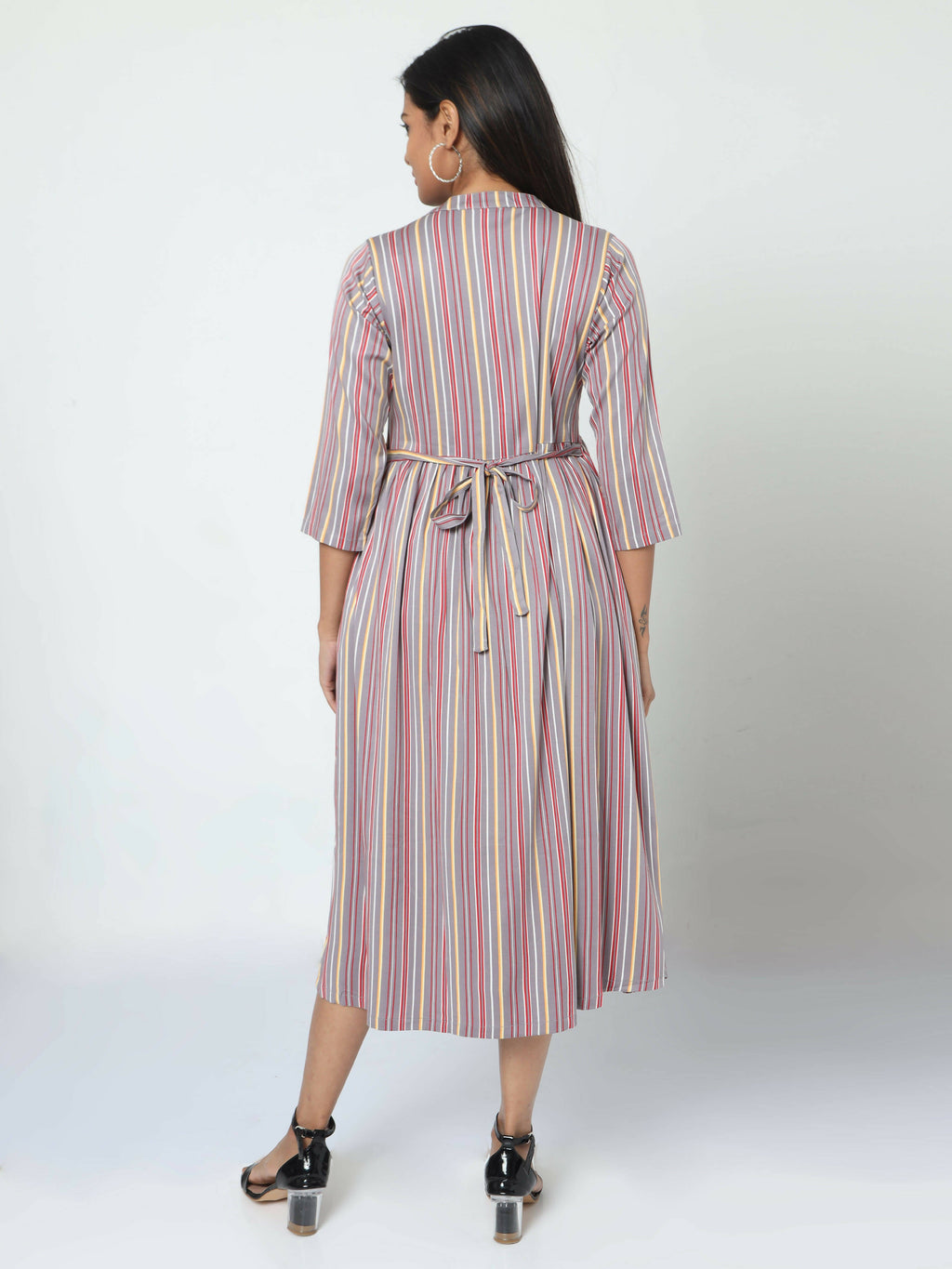 Manet Three Fourth Maternity Dress Striped With Concealed Zipper Nursing Access - Grey