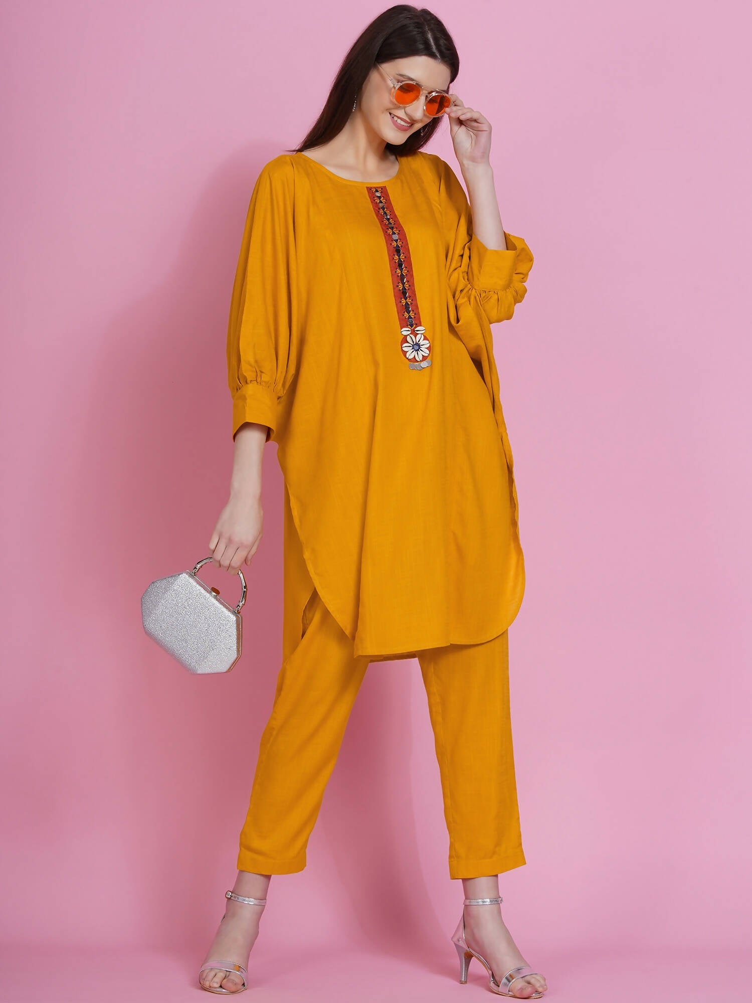 Women Republic Yellow Rayon Boxed Kurta With Pants