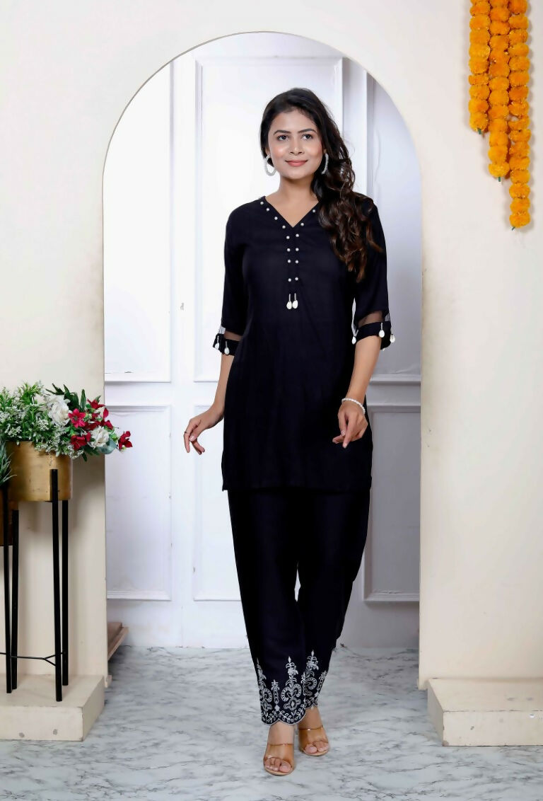 Miravan Women's Solid Black Rayon Co-Ord Set