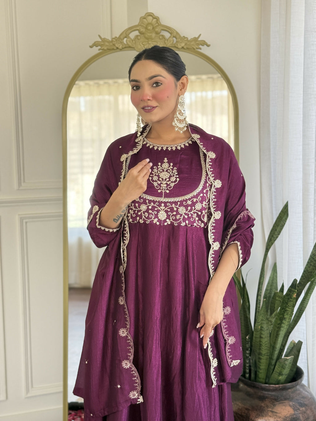 The52 Purple Women's Gorgeous Embroidered Vichitra Silk Fabric Flared Kurta Pant with Dupatta Set