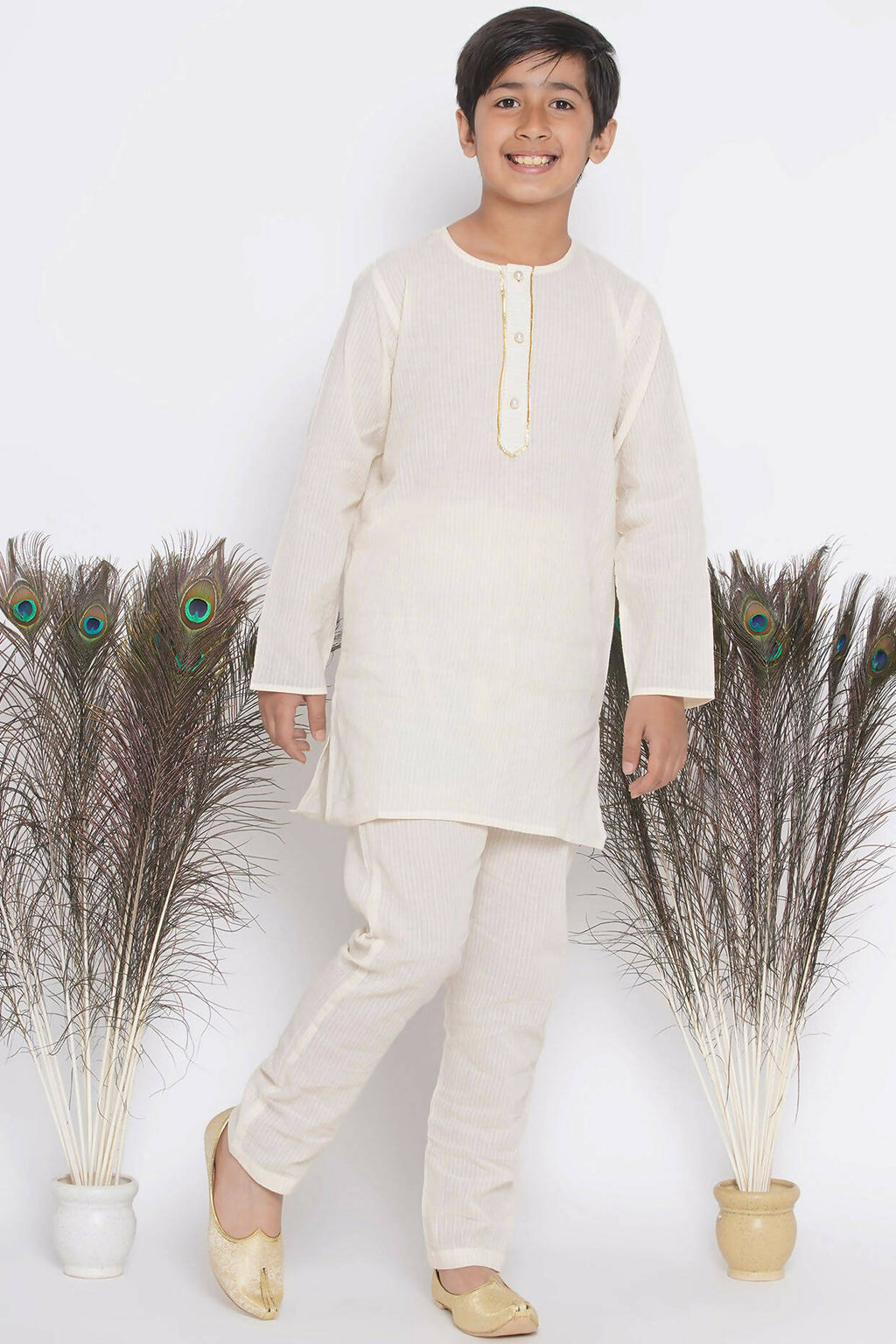 Little Bansi Banarsi Silk Orange Pink Floral Embroidery Jacket with Cotton Kantha kurta and Kantha Pyjama - Cream