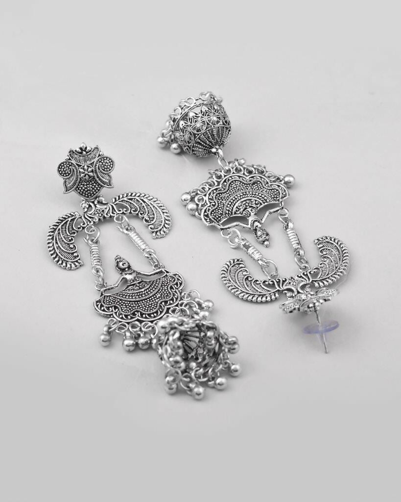 VOJ Silver Plated Oxidized Dancing Drop Earrings