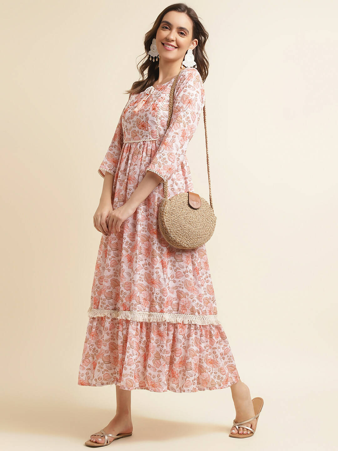 Orange Linen Floral Printed Fit & Flare Dress - Yukti