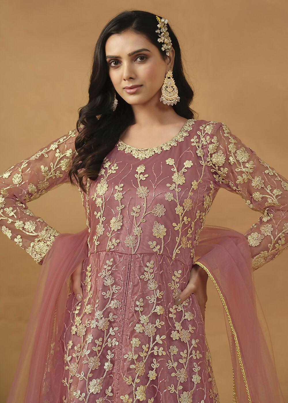 Pant Style Coral Pink Embroidered Net Wedding Anarkali Suit - Emponline