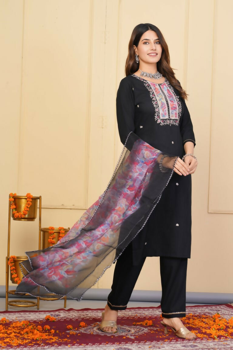 Black Rayon Slub Embroidered Stitched Suit With Dupatta - Tanisha
