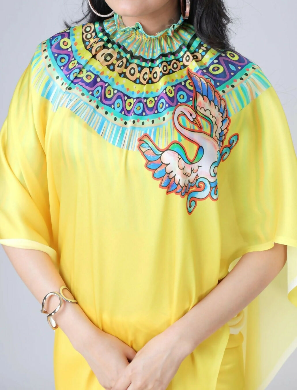 Vastranavya Yellow Ready to Wear Swan Print Free Hand Saree