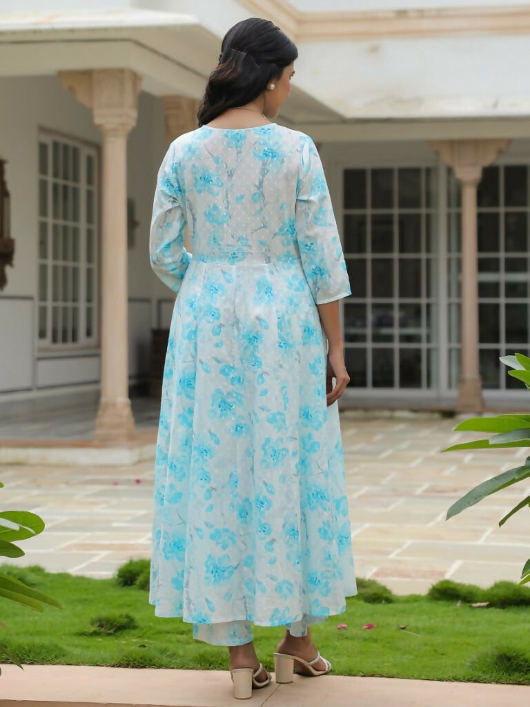 Aramya Flared Textured Cotton Floral Print Women's Kurta Set - White
