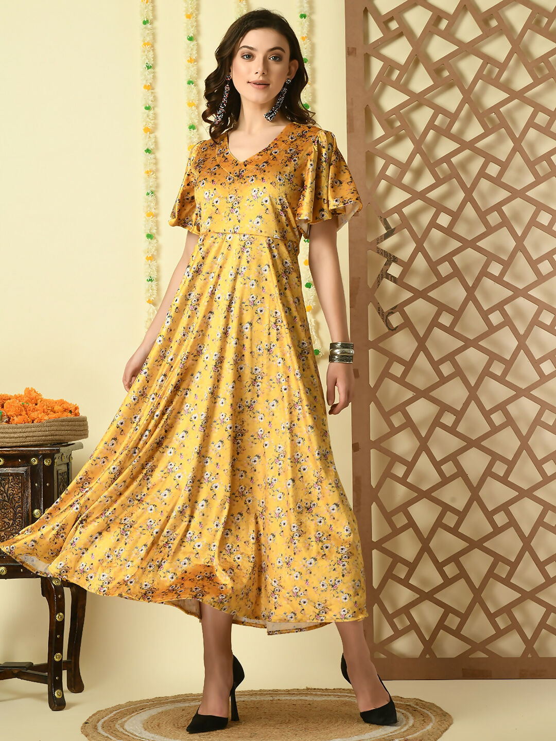 Myshka Women's Multi Printed Velvet Party Dress