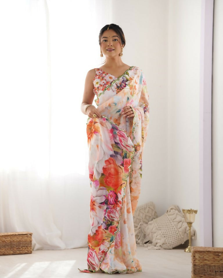 Multy Chinon Designer Digital Printed & Mirror Cut Work Saree - Kriti