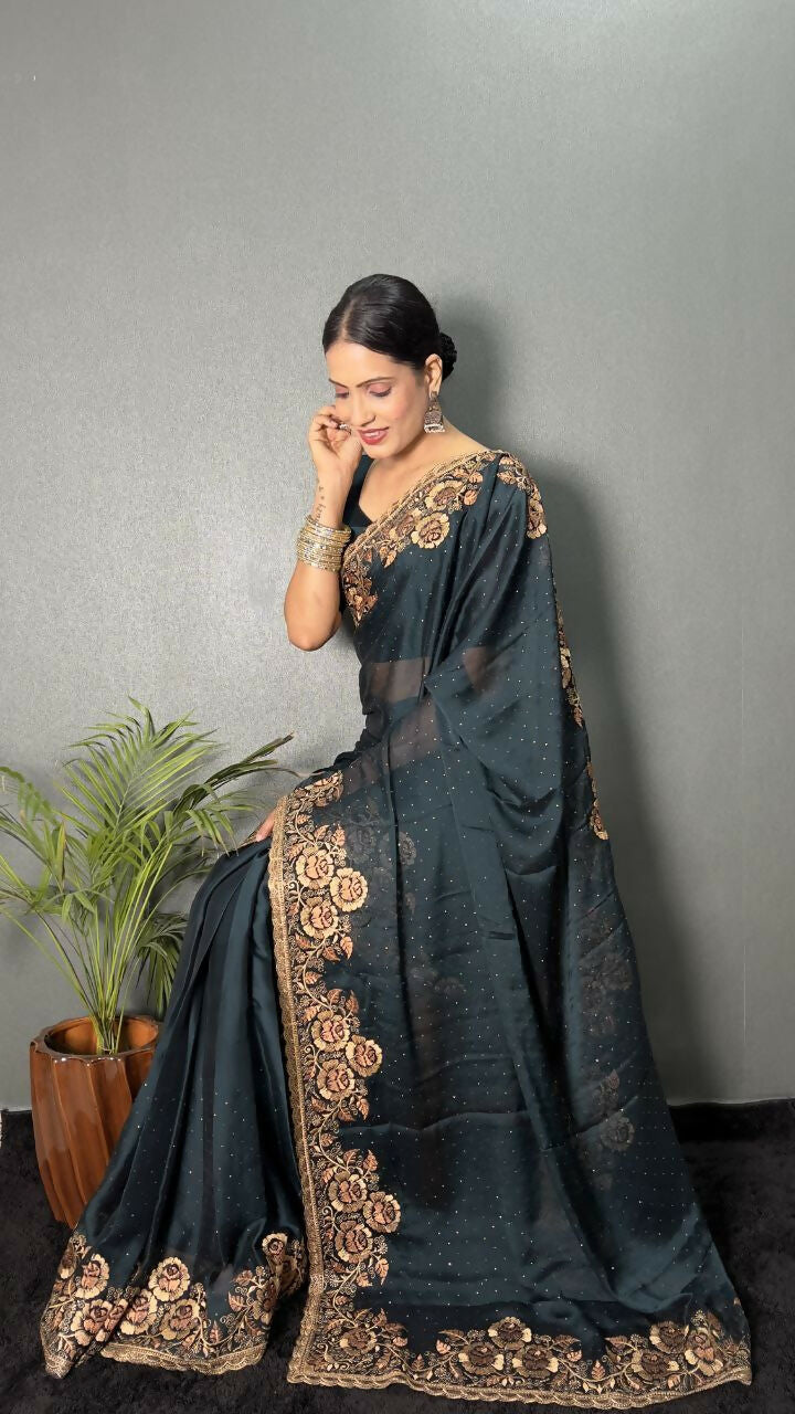 Vastranavya Morpeach Rangoli Silk Zari work with DMC Swarovski work Ready to Wear Saree