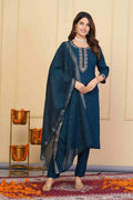 Blue Viscose Chanderi Embroidered Stitched Suit With Dupatta - Tanisha