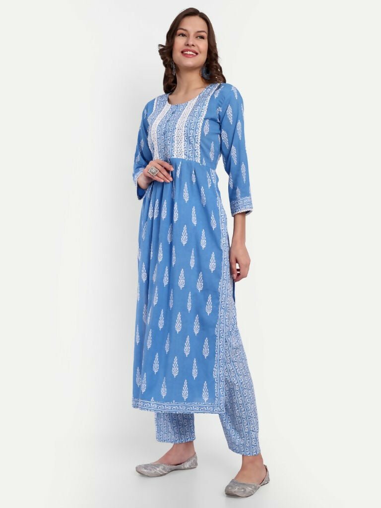 Alvano Printed Naira Cut Kurti with Pant set for Women and Girls Cotton (Blue)