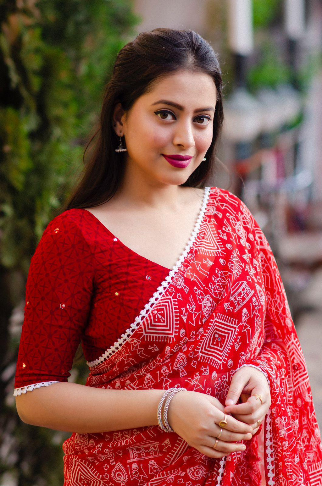 Red Poly Georgette Ethnic Motifs Saree with Unstitched Blouse - Hiral Fashion