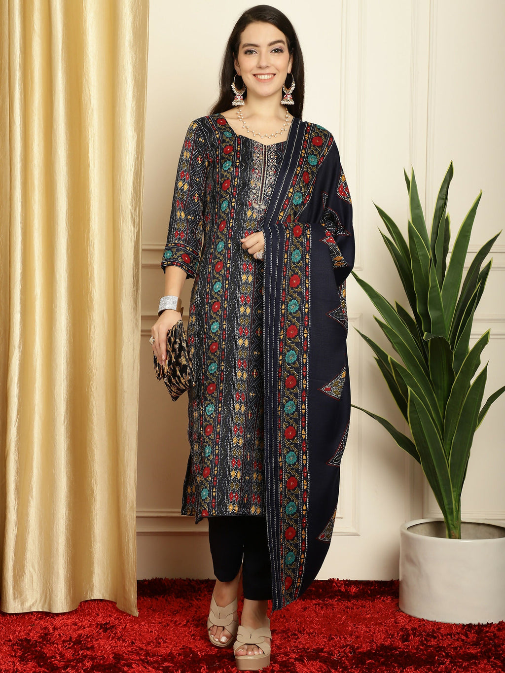 Jyoti Fashion Women's Navy Blue Pashmina Floral Digital Printed Kurta with Trouser & Dupatta