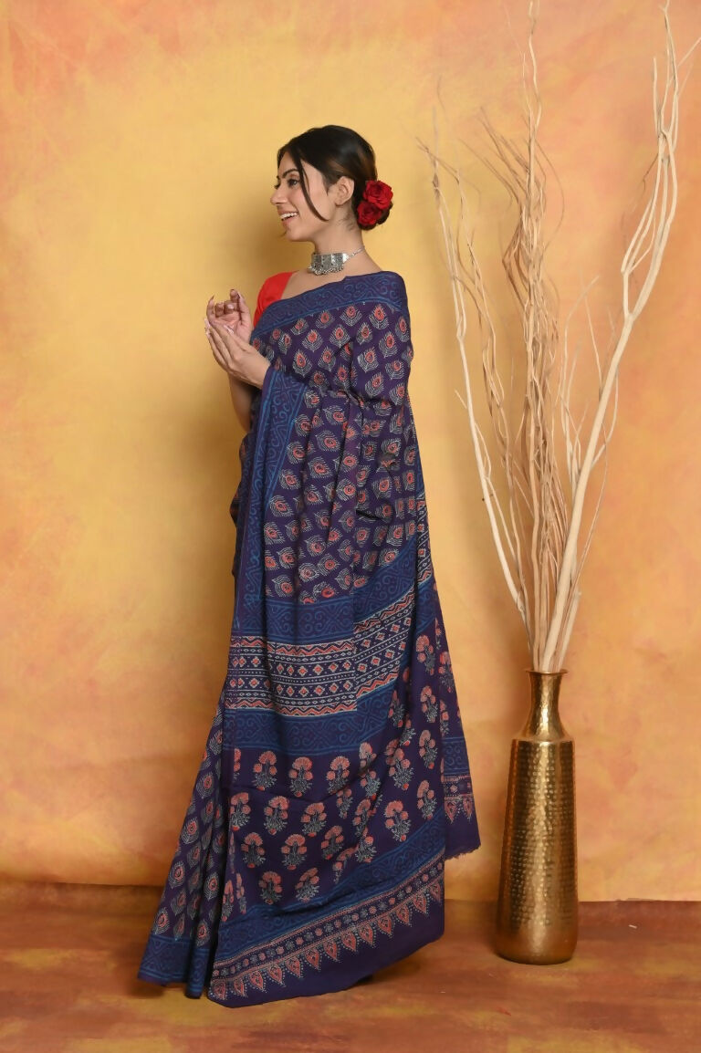 Very Much Indian Handblock Printed Cotton Saree With Natural Dyes - Blue
