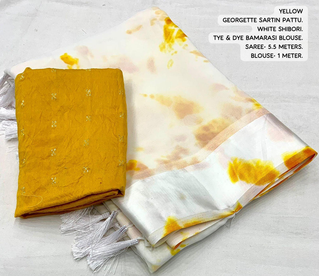 Yellow Poly Georgette Tie and Dye Saree with Unstitched Blouse - Hiral Fashion
