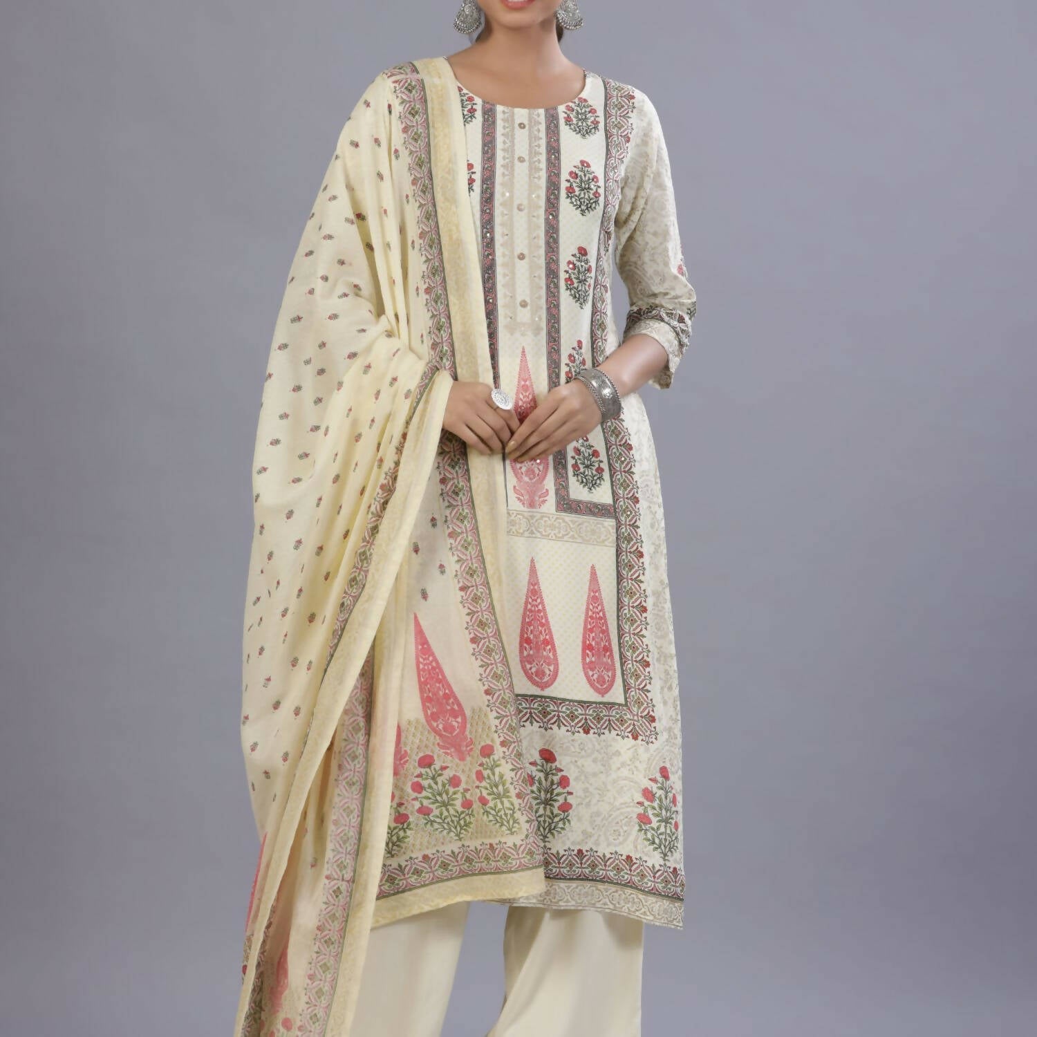 Juniper Women Yellow Rayon Printed Kurta, Pants and Dupatta Set
