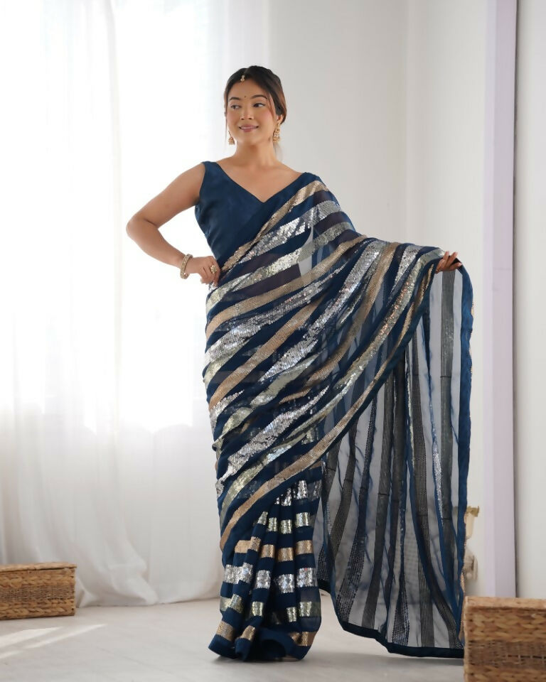 Petrol Georgette Sequance Embroidery Work Border Saree - Sitare