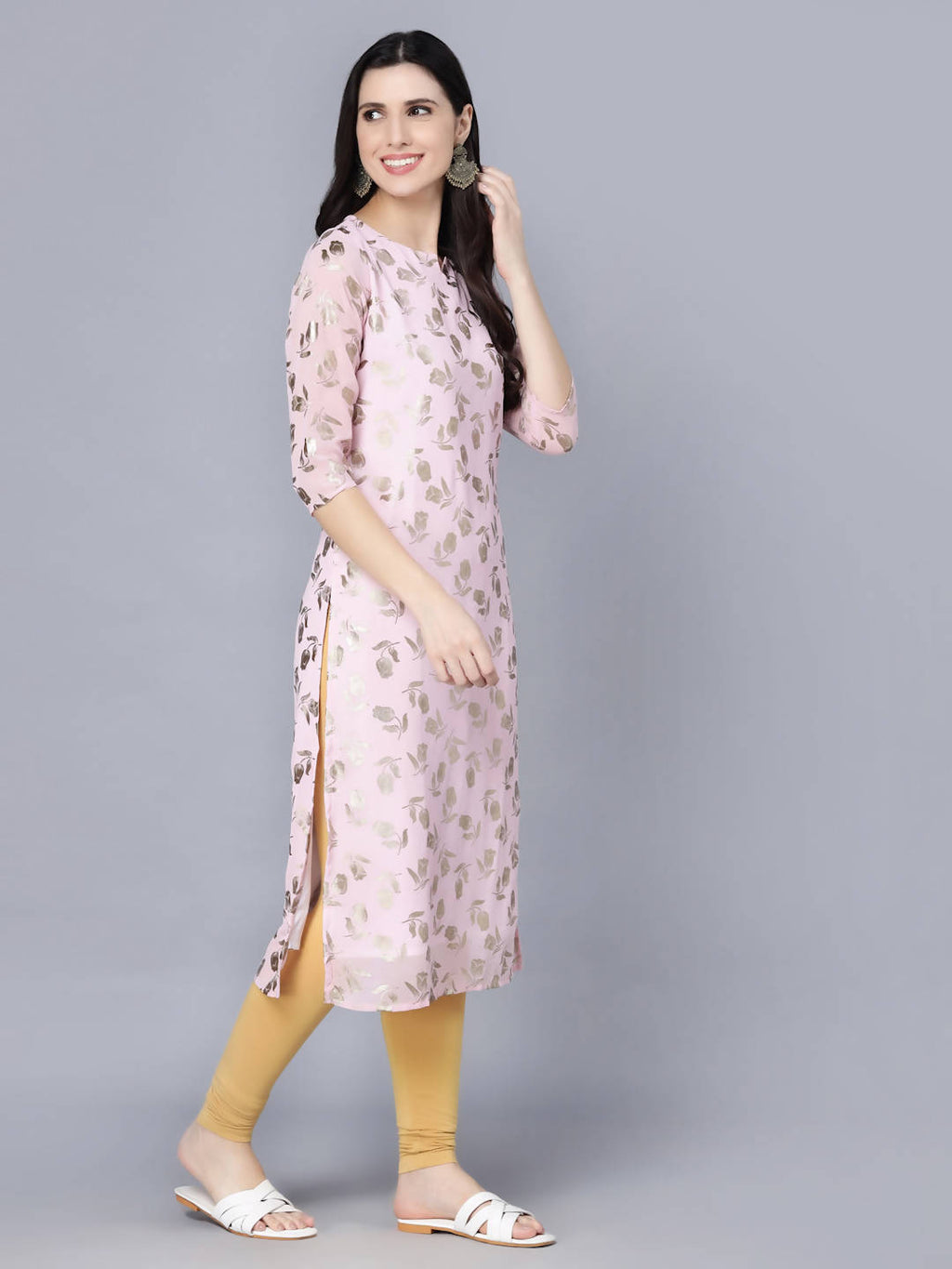 Myshka Women Pink Floral Printed Gotta Patti Georgette Kurta