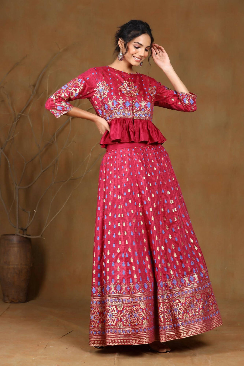 Juniper Women Burgundy Shantoon Printed Flared Lehenga Choli Sets