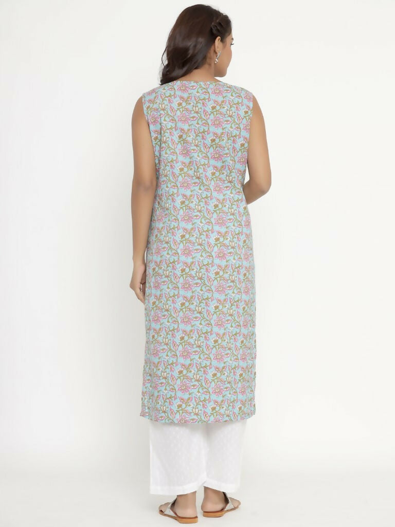 Miravan Women's Pure Cotton Floral Printed Sleeveless Straight Kurta