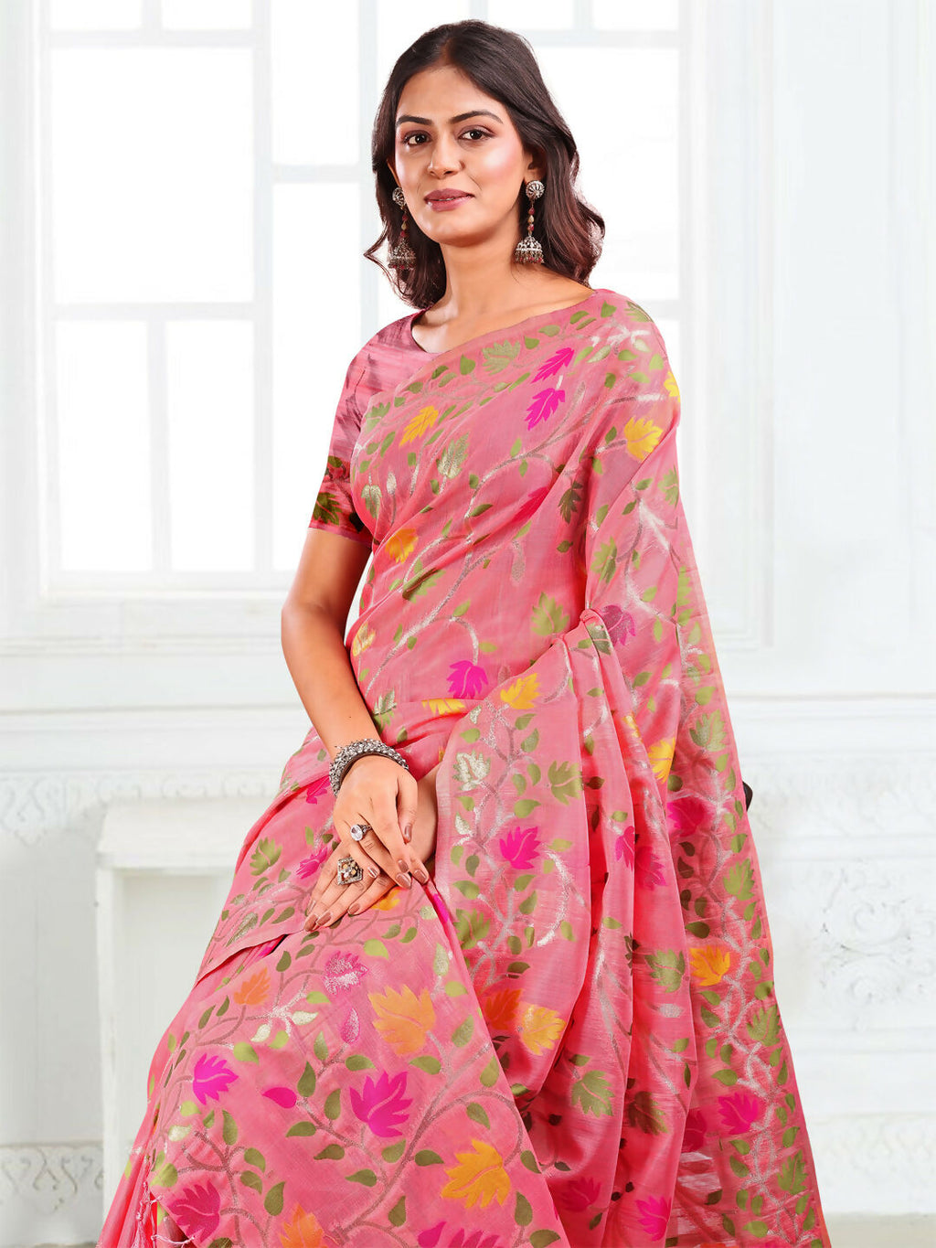 Shree Shyam Fashion Linen Cotton Pink Saree