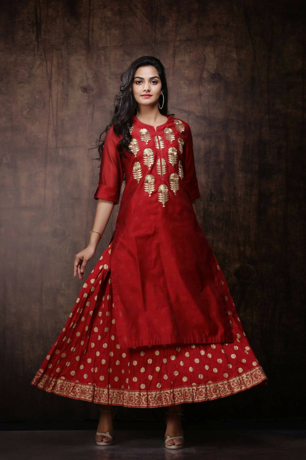 Juniper Women Maroon Chanderi Silk Embroidered & Printed Layered Dress