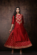 Juniper Women Maroon Chanderi Silk Embroidered & Printed Layered Dress