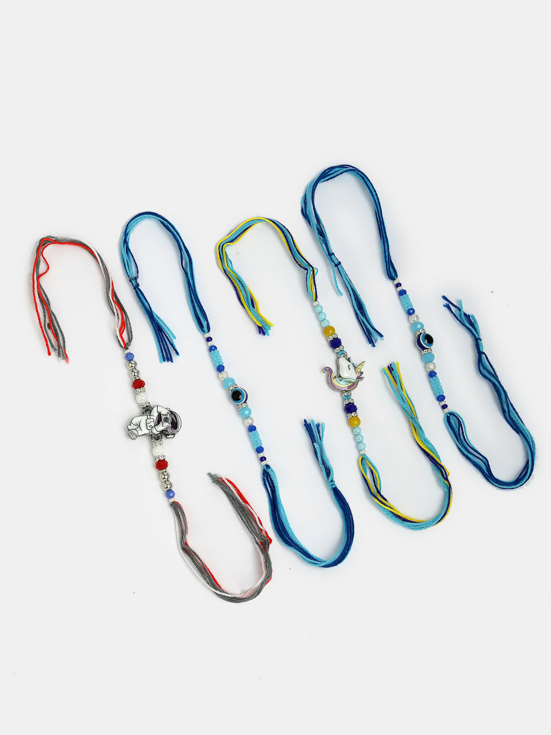 NVR Kids Set of 4 Multicolor Evil Eye & Artificial stone and beads Rakhi With Roli Chawal & Chocolate