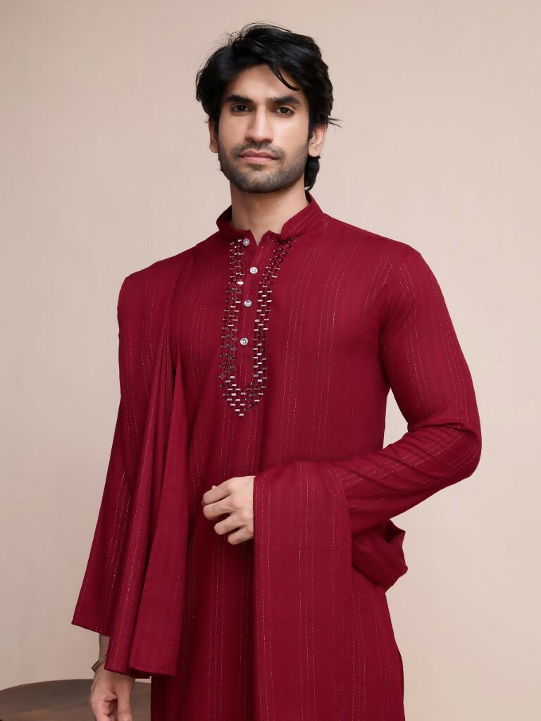 Vastranavya Traditional Festival Wear Viscose Thread & Sequence Embroidered Work Kurta Pant Set - Maroon